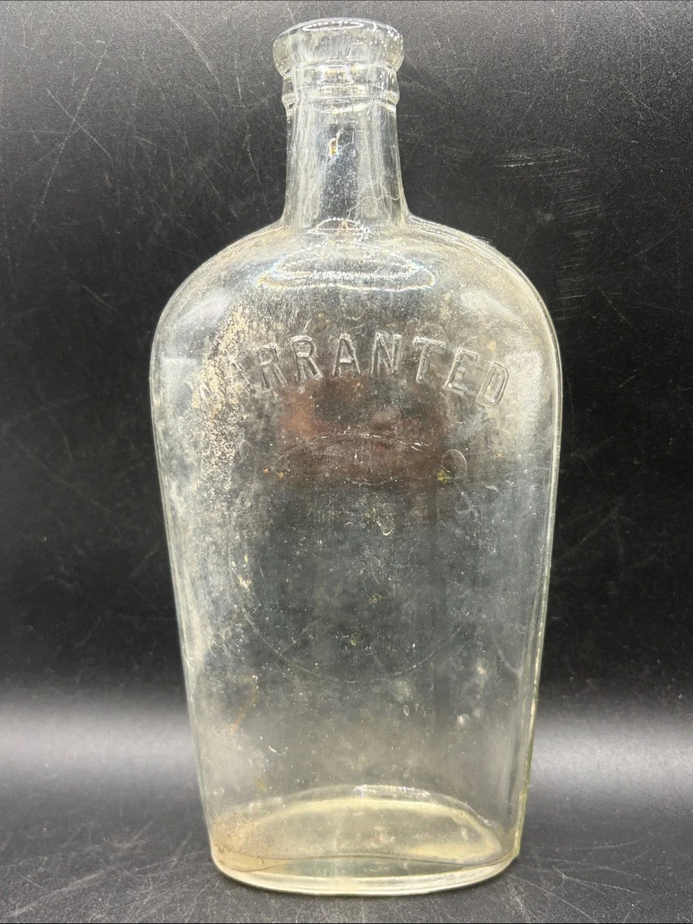 Antique WARRANTED Embossed Glass Flask Bottle Collectible Vessel Americana Decor
